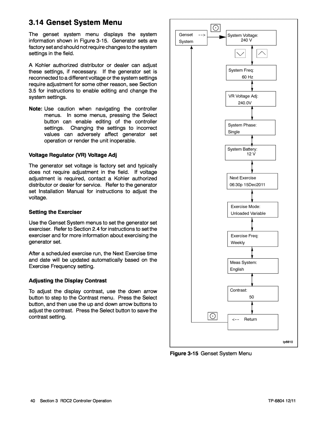 Kohler 14/20RESAL manual Genset System Menu 