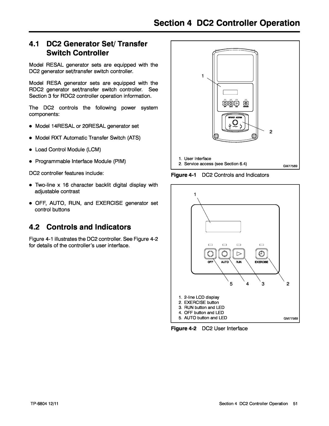 Kohler 14/20RESAL DC2 Controller Operation, 4.1 DC2 Generator Set/ Transfer Switch Controller, Controls and Indicators 
