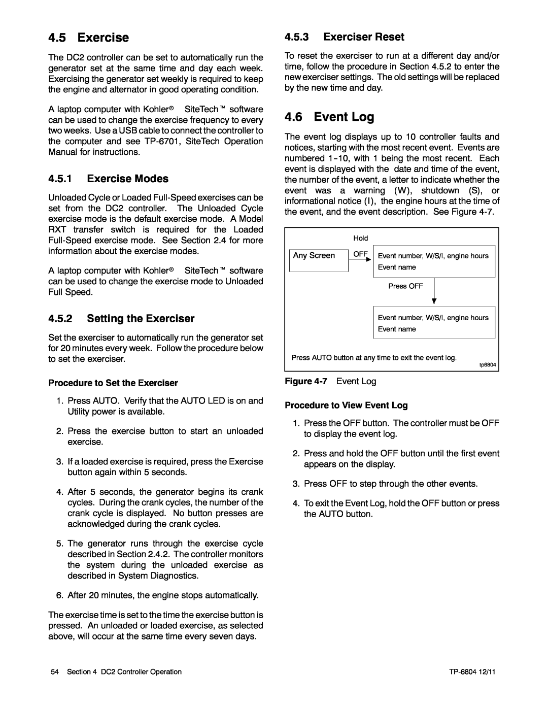 Kohler 14/20RESAL manual Event Log, Exercise Modes, Exerciser Reset, Setting the Exerciser 