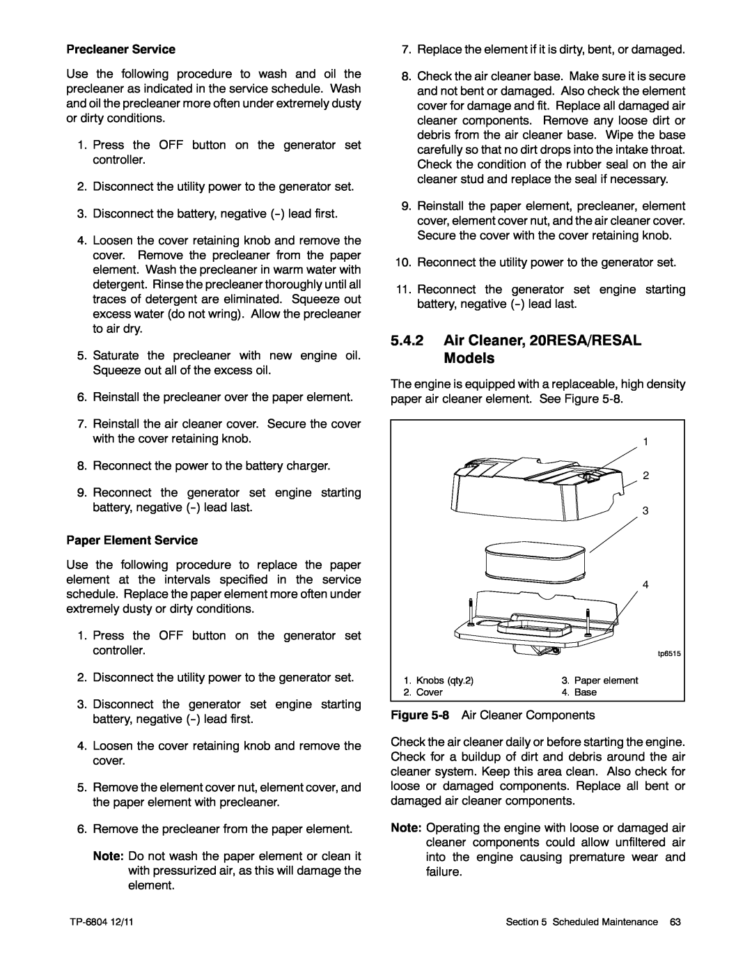 Kohler 14/20RESAL manual Air Cleaner, 20RESA/RESAL Models, tp6515 