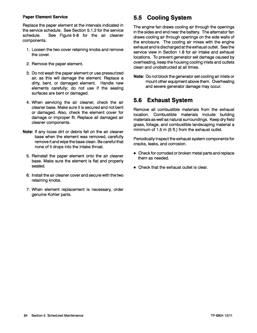 Kohler 14/20RESAL manual Cooling System, Exhaust System 