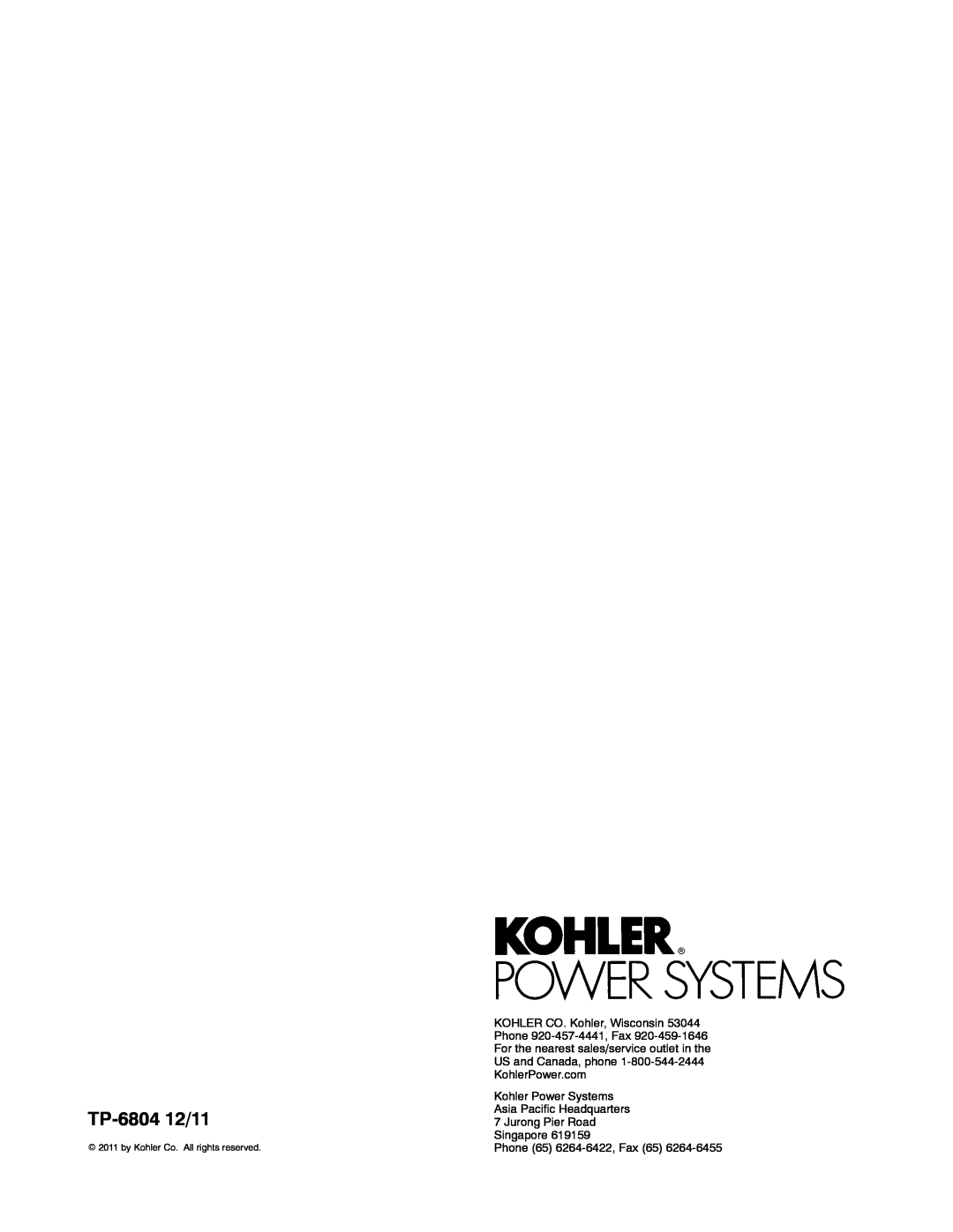 Kohler 14/20RESAL manual TP-6804 12/11, Kohler Power Systems Asia Pacific Headquarters 7 Jurong Pier Road 