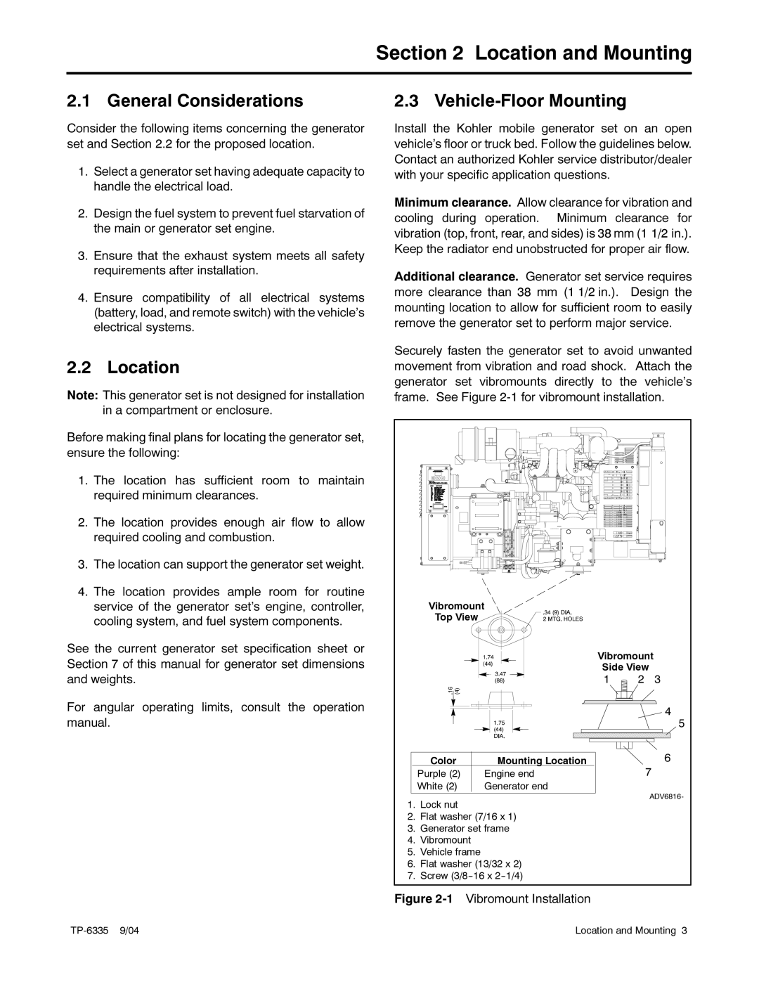 Kohler 13ERG, 15ERG, 10ERG manual Location and Mounting, General Considerations, Vehicle-Floor Mounting 