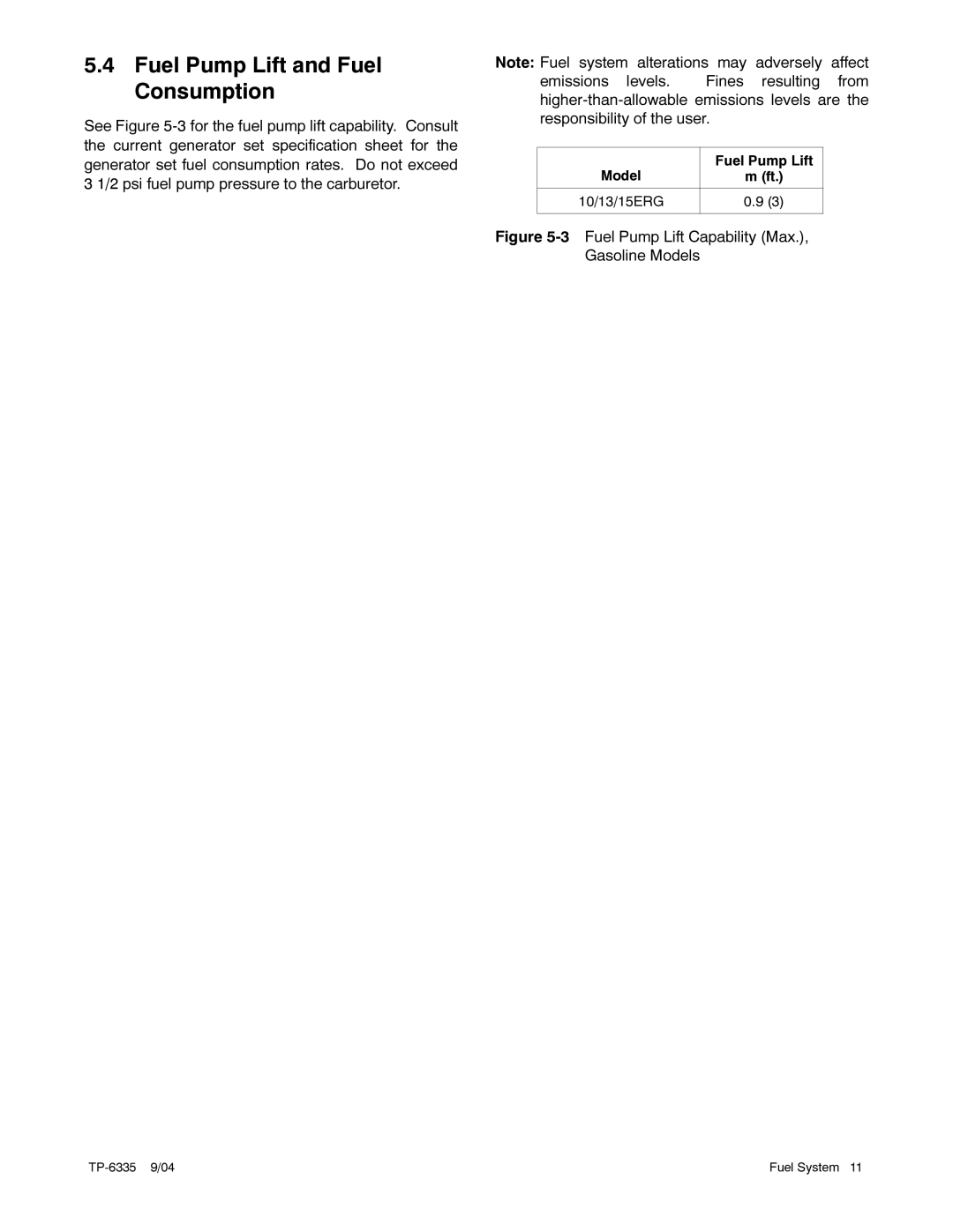 Kohler 15ERG, 13ERG, 10ERG manual Fuel Pump Lift and Fuel Consumption, Fuel Pump Lift Capability Max., Gasoline Models 
