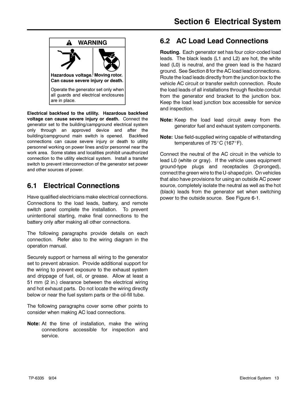 Kohler 10ERG, 15ERG, 13ERG manual Electrical System, Electrical Connections, AC Load Lead Connections 