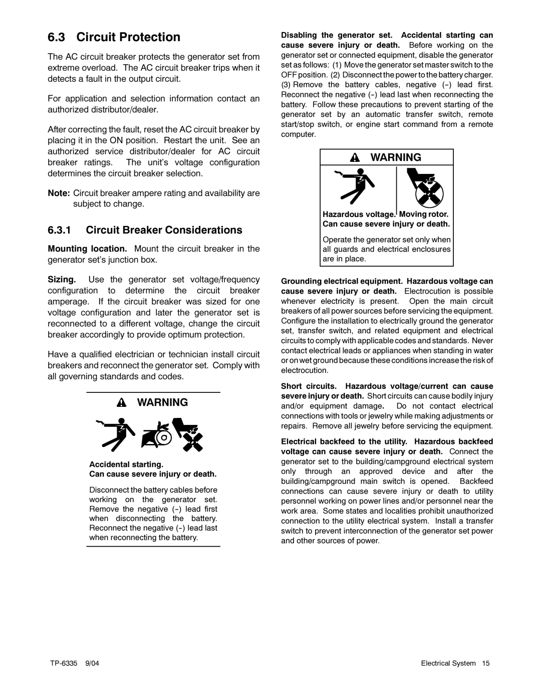 Kohler 13ERG, 15ERG, 10ERG manual Circuit Protection, Circuit Breaker Considerations 