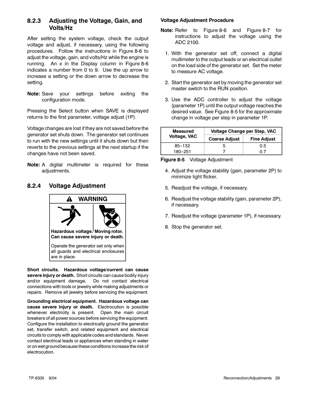 Kohler 15ERG, 13ERG, 10ERG manual Adjusting the Voltage, Gain, and Volts/Hz, Voltage Adjustment 