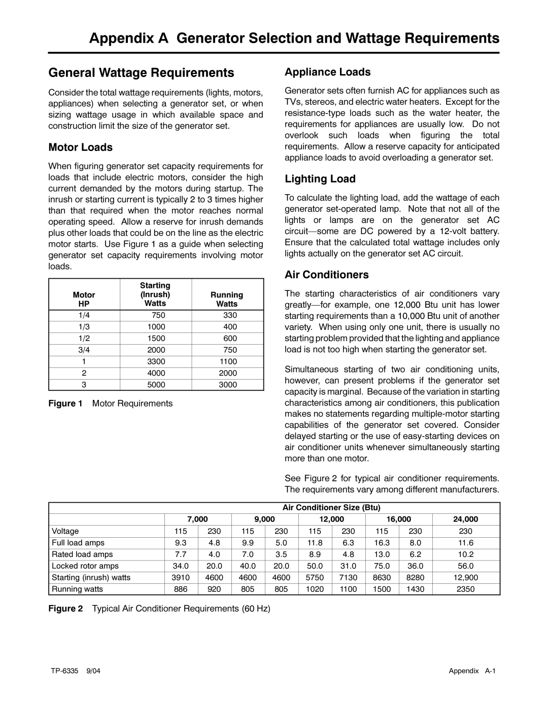 Kohler 10ERG, 15ERG, 13ERG manual Appendix a Generator Selection and Wattage Requirements, General Wattage Requirements 