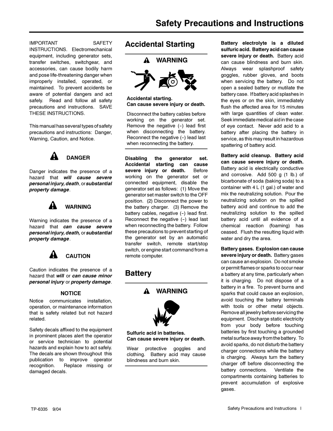 Kohler 10ERG, 15ERG, 13ERG manual Safety Precautions and Instructions, Accidental Starting, Battery 