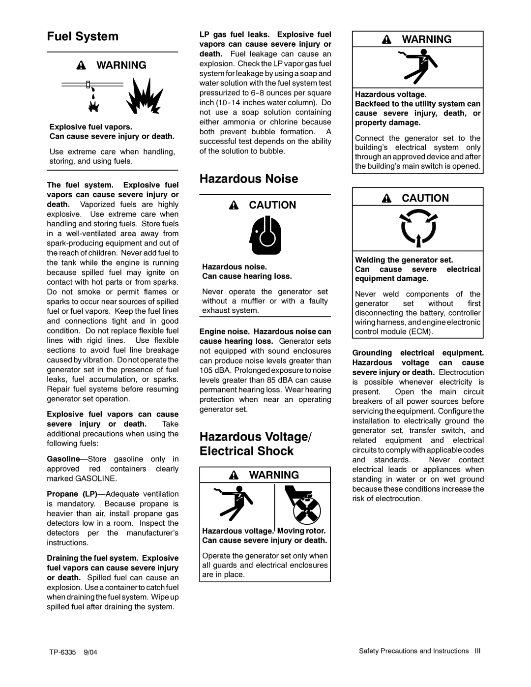 Kohler 13ERG, 15ERG, 10ERG manual Fuel System, Hazardous Noise, Hazardous Voltage/ Electrical Shock 