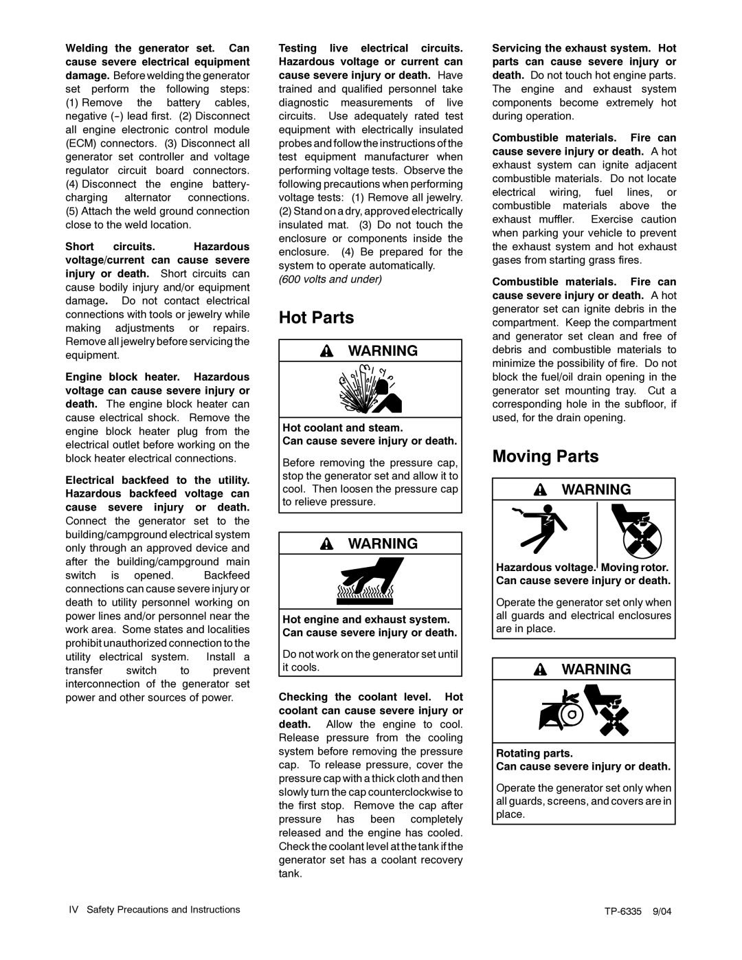 Kohler 10ERG, 15ERG, 13ERG manual Hot Parts, Moving Parts 