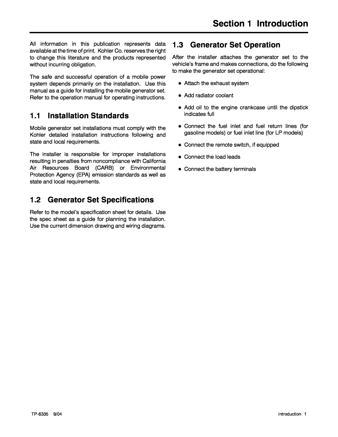 Kohler 10ERG, 15ERG, 13ERG manual Introduction, Installation Standards, Generator Set Operation, Generator Set Specifications 