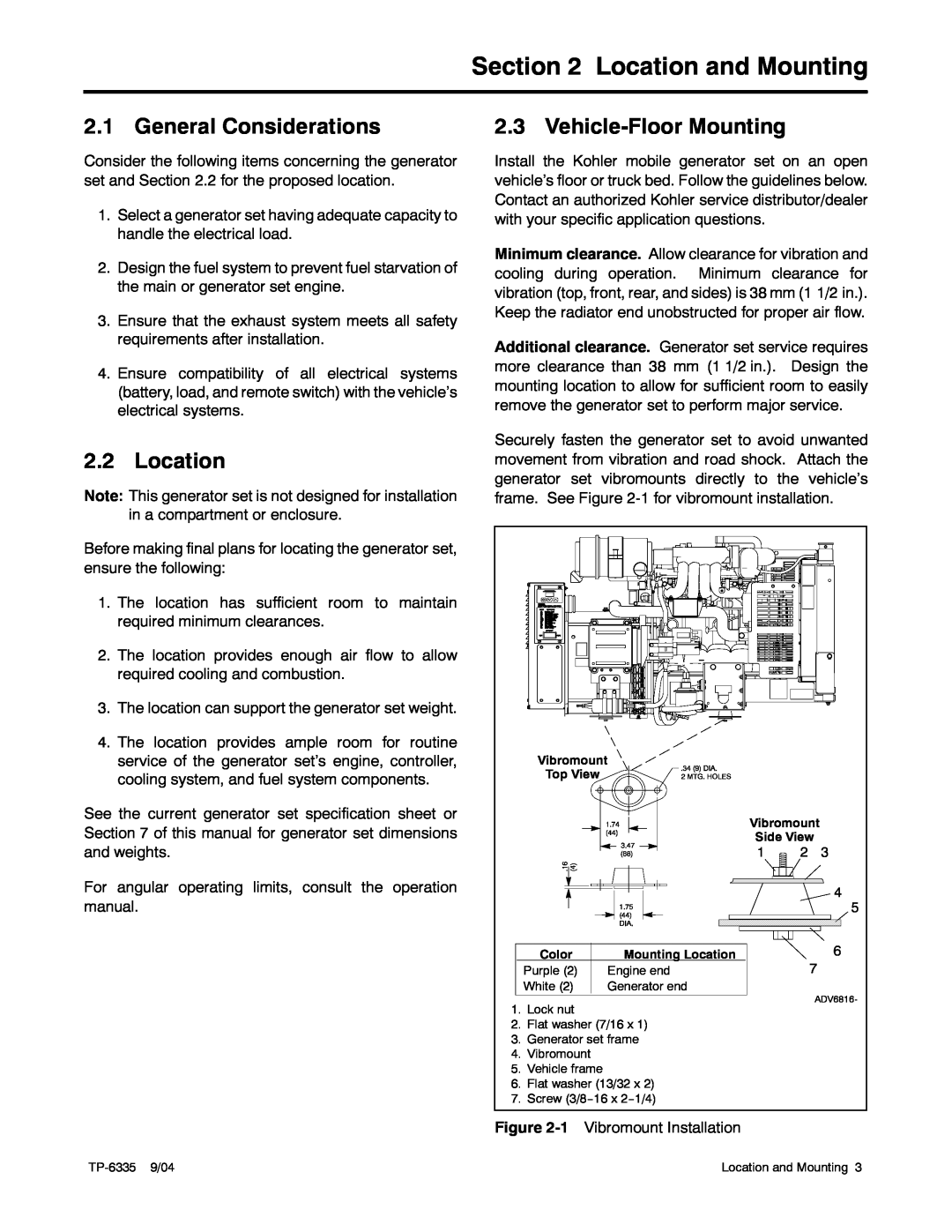 Kohler 13ERG, 15ERG, 10ERG manual Location and Mounting, General Considerations, Vehicle-Floor Mounting 