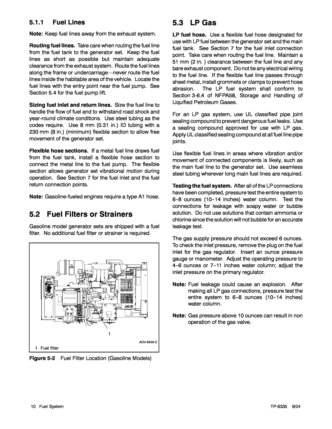 Kohler 10ERG, 15ERG, 13ERG manual Fuel Filters or Strainers, LP Gas, Fuel Lines 