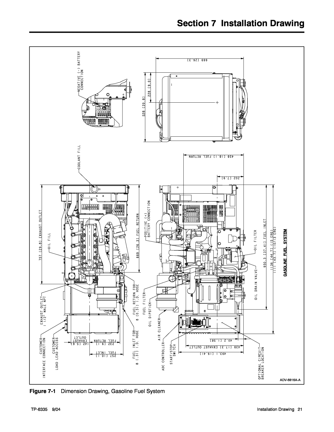 Kohler 13ERG, 15ERG, 10ERG manual Installation Drawing, 1 Dimension Drawing, Gasoline Fuel System 
