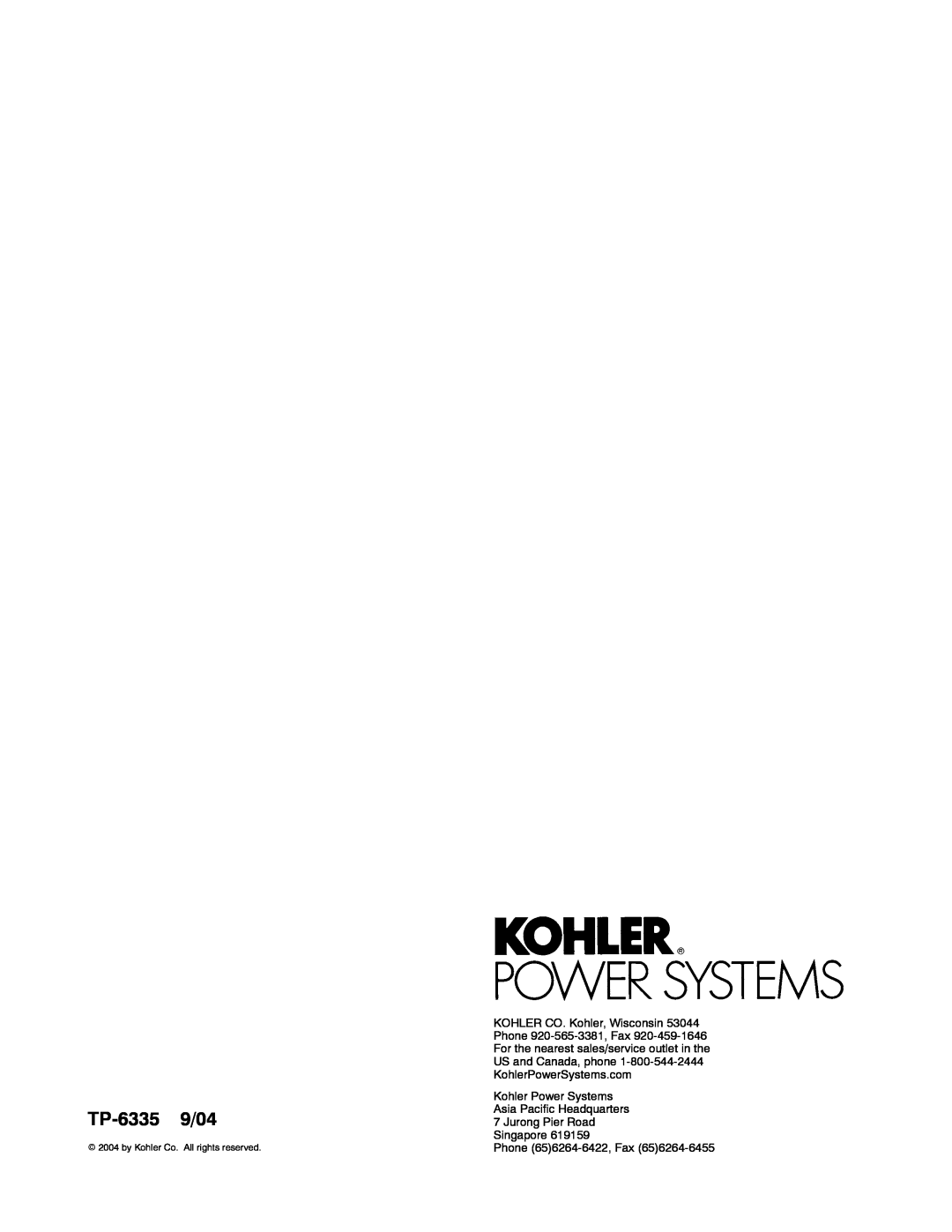 Kohler 13ERG, 15ERG, 10ERG manual TP-6335 9/04, Kohler Power Systems Asia Pacific Headquarters 7 Jurong Pier Road 