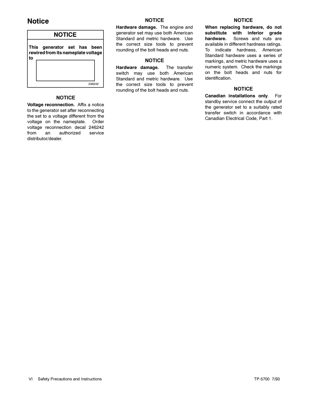 Kohler 20--2800 kW manual VI Safety Precautions and Instructions TP-5700 7/93 