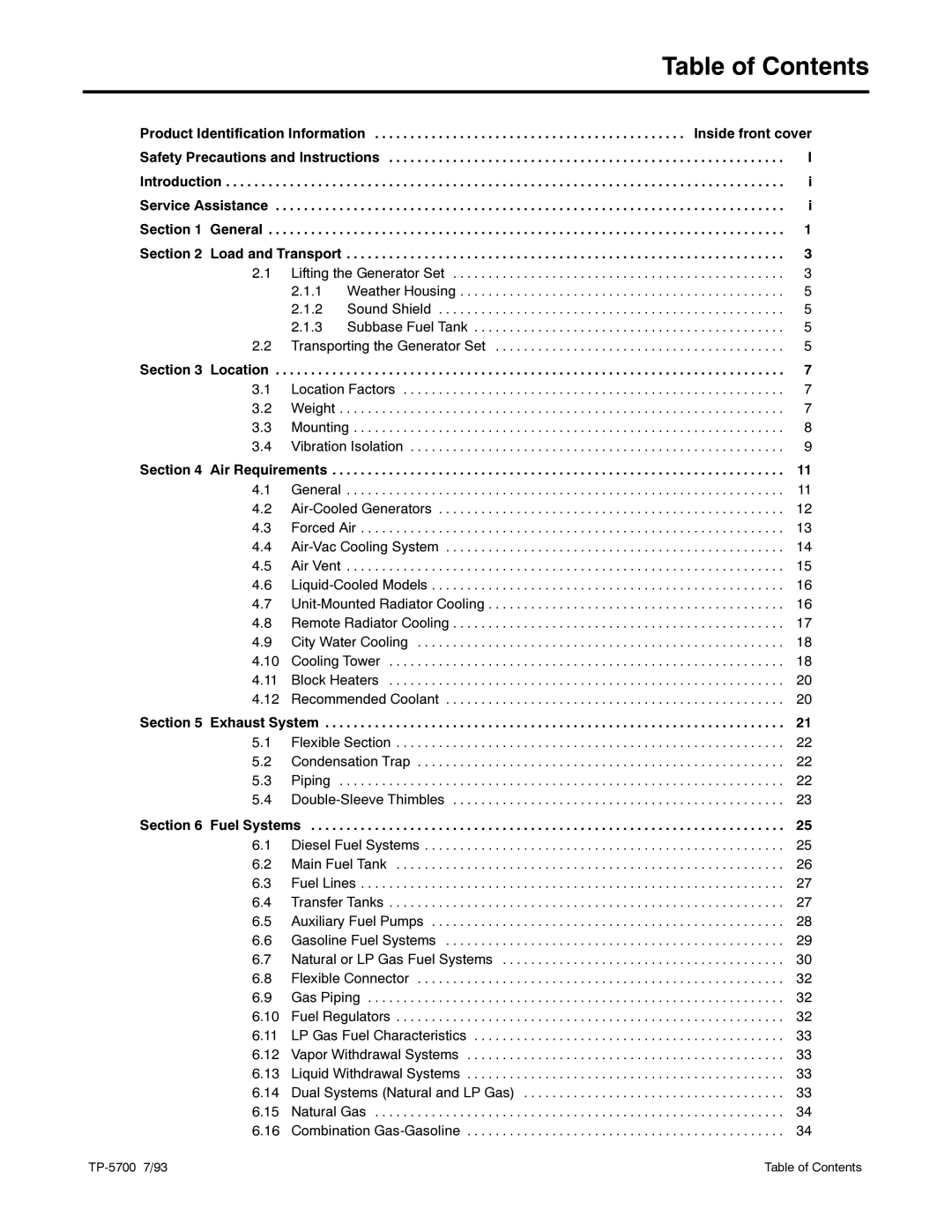 Kohler 20--2800 kW manual Table of Contents 