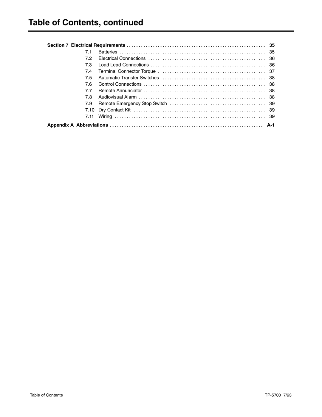 Kohler 20--2800 kW manual Table of Contents TP-5700 7/93 