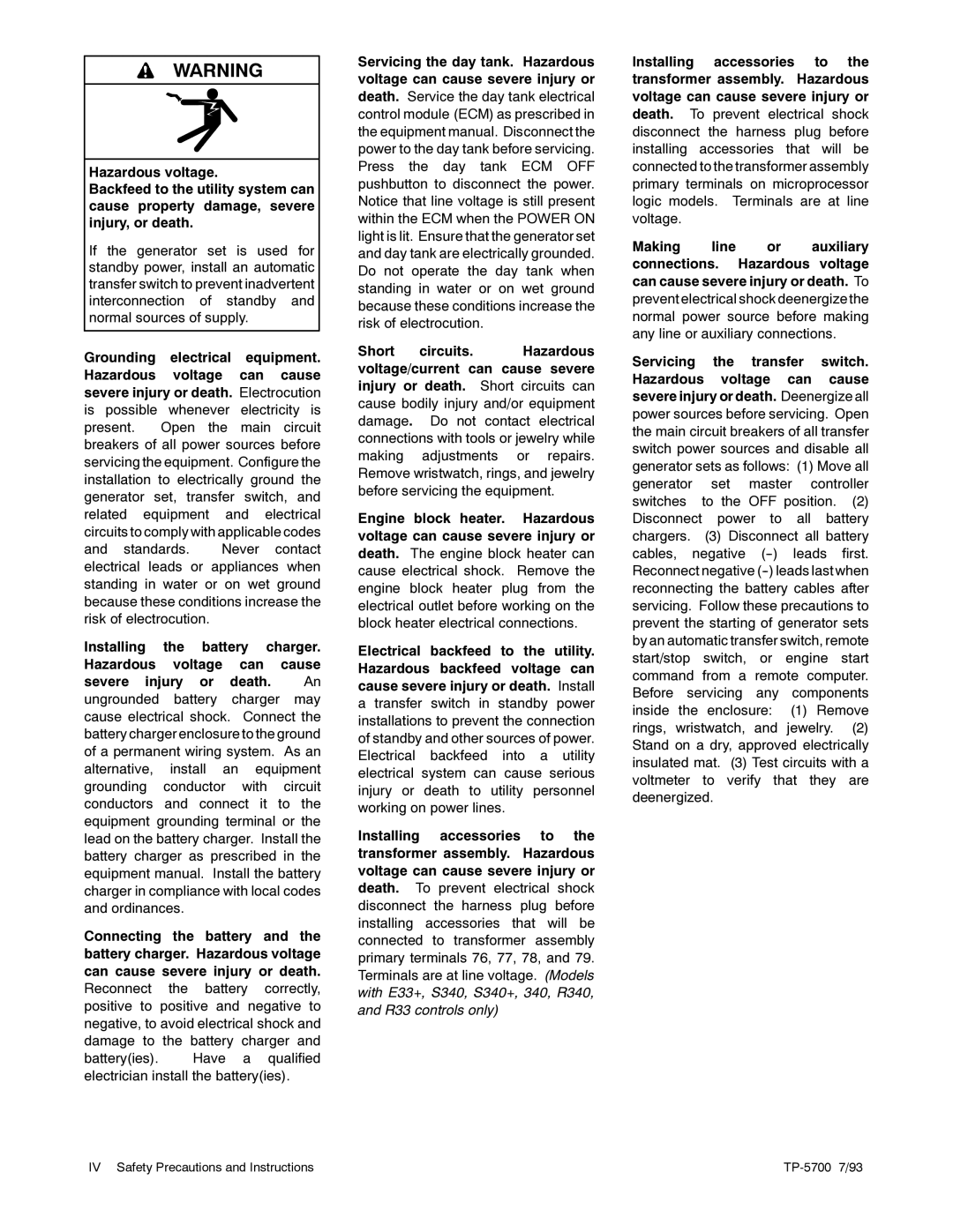 Kohler 20--2800 kW manual IV Safety Precautions and Instructions TP-5700 7/93 