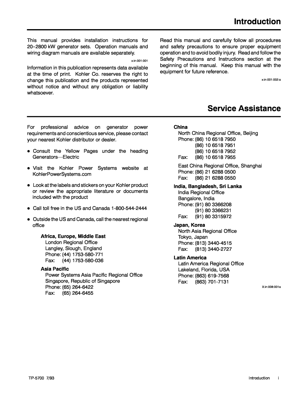 Kohler 20--2800 kW manual Introduction, Service Assistance 