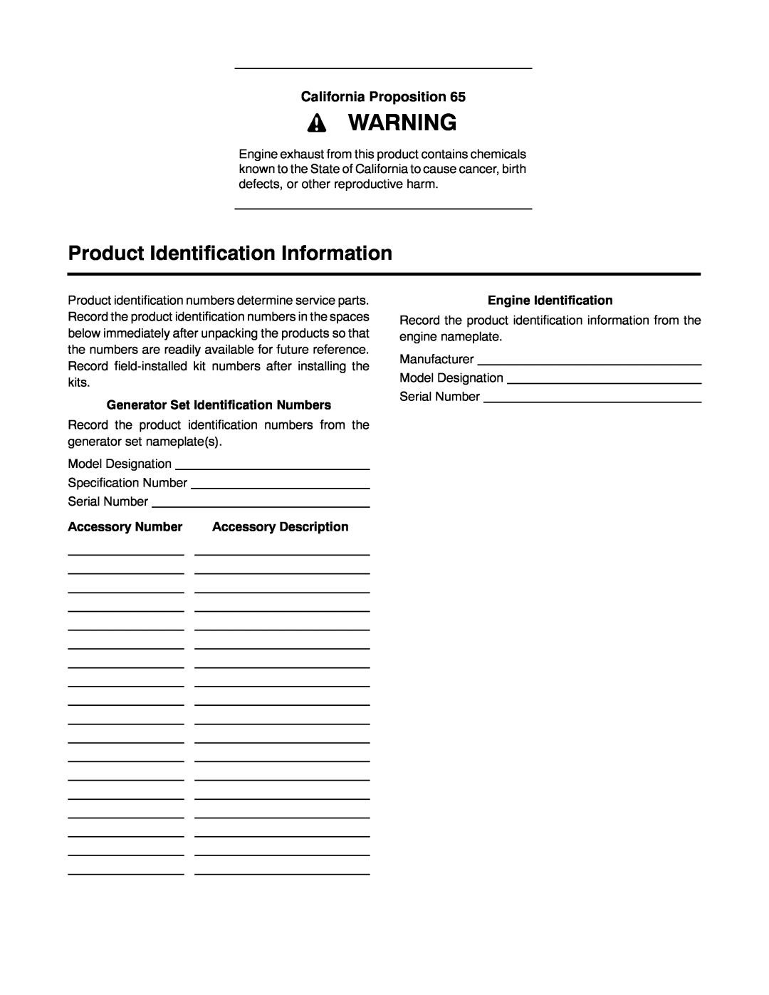 Kohler 20--2800 kW manual Product Identification Information, California Proposition 
