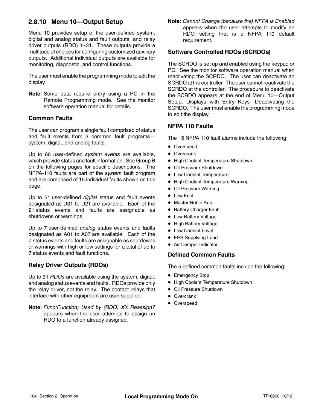 Kohler 20-3250 kW manual Software Controlled RDOs SCRDOs Nfpa 110 Faults, Defined Common Faults 