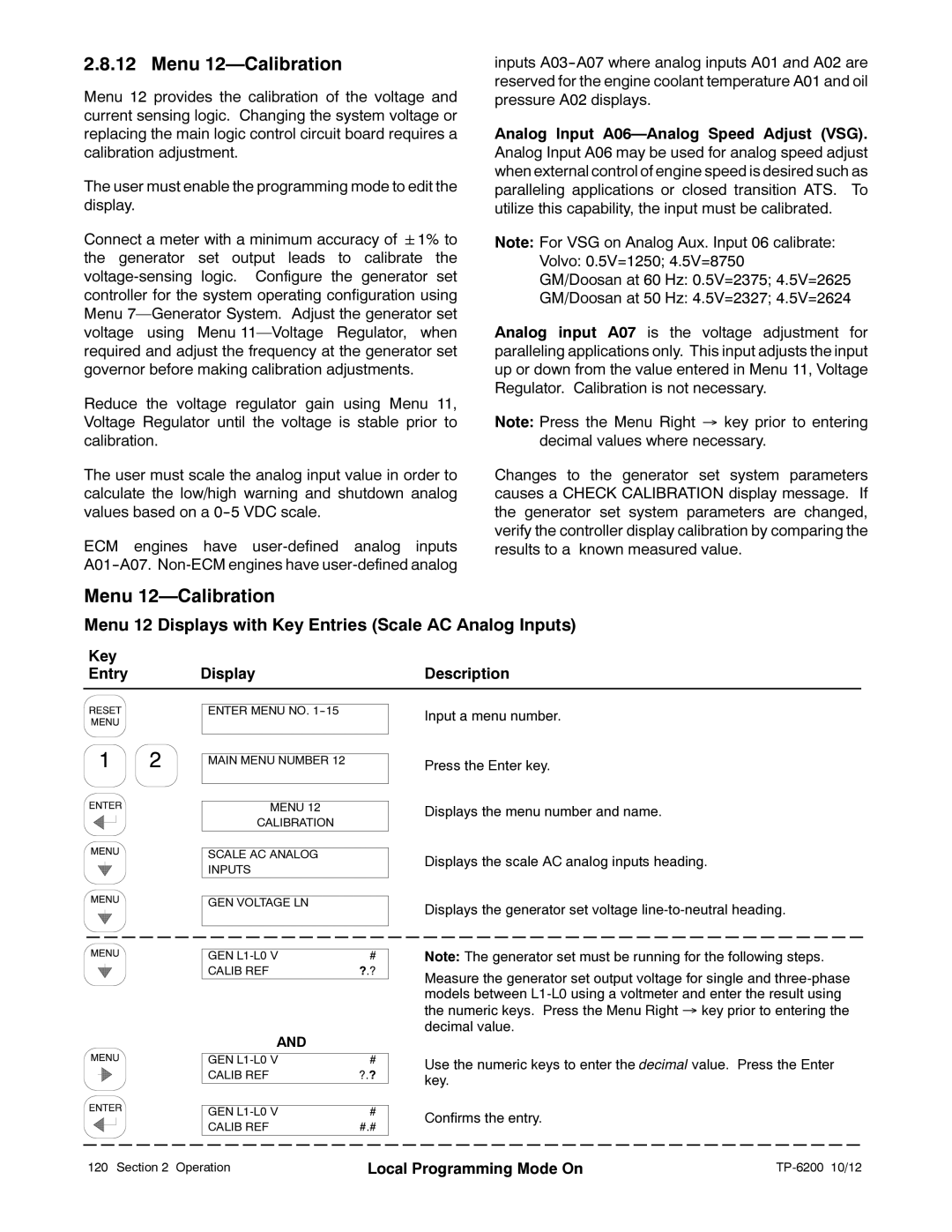 Kohler 20-3250 kW manual Menu 12-Calibration, Menu 12 Displays with Key Entries Scale AC Analog Inputs 