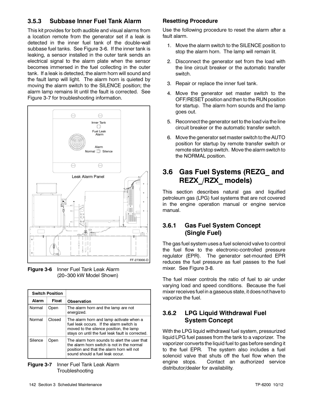 Kohler 20-3250 kW manual Gas Fuel Systems Rezg and REZX/RZX models, Subbase Inner Fuel Tank Alarm, Resetting Procedure 