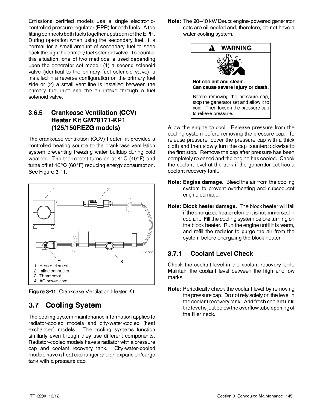 Kohler 20-3250 kW manual Cooling System, Coolant Level Check 