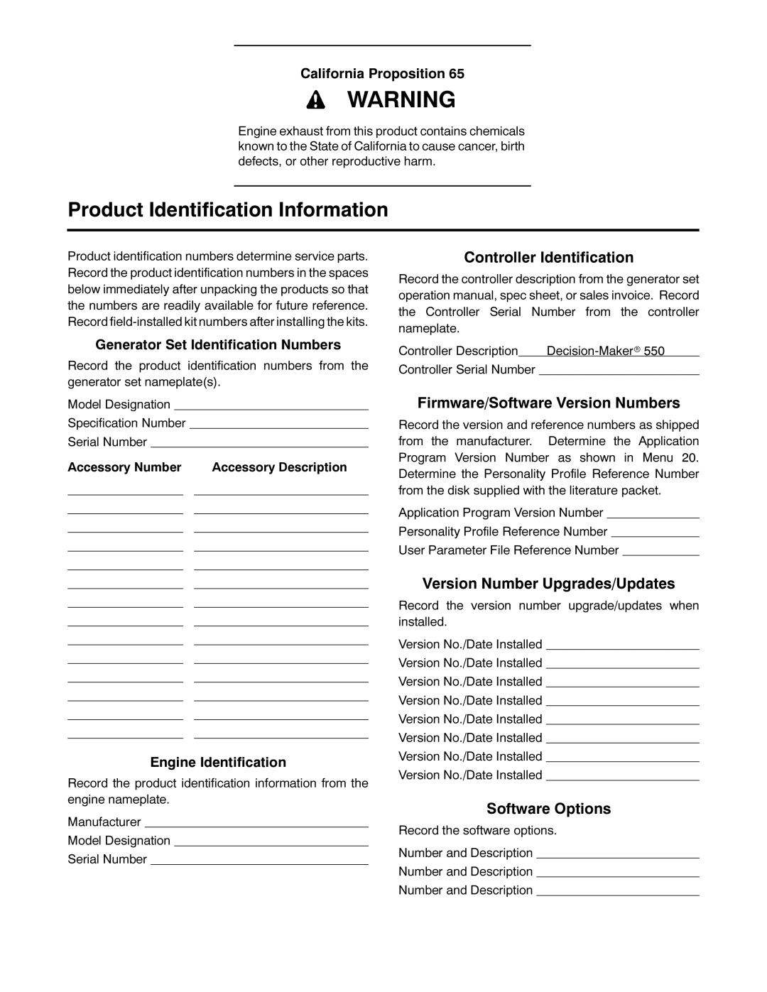 Kohler 20-3250 kW manual Product Identification Information, Controller Identification, Firmware/Software Version Numbers 