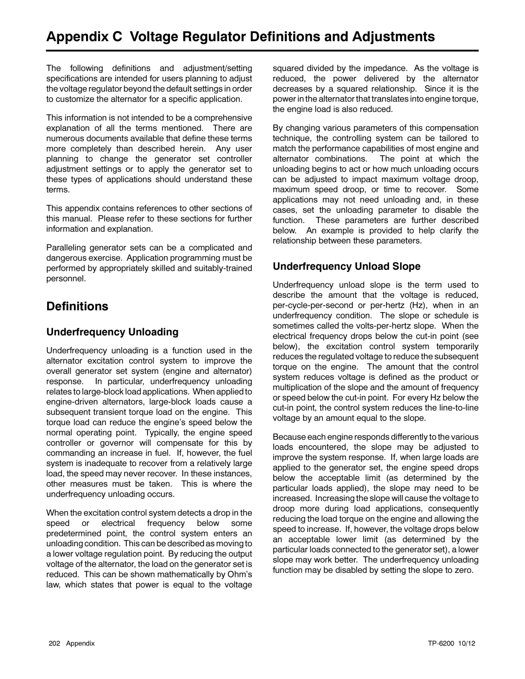 Kohler 20-3250 kW manual Appendix C Voltage Regulator Definitions and Adjustments, Underfrequency Unloading 