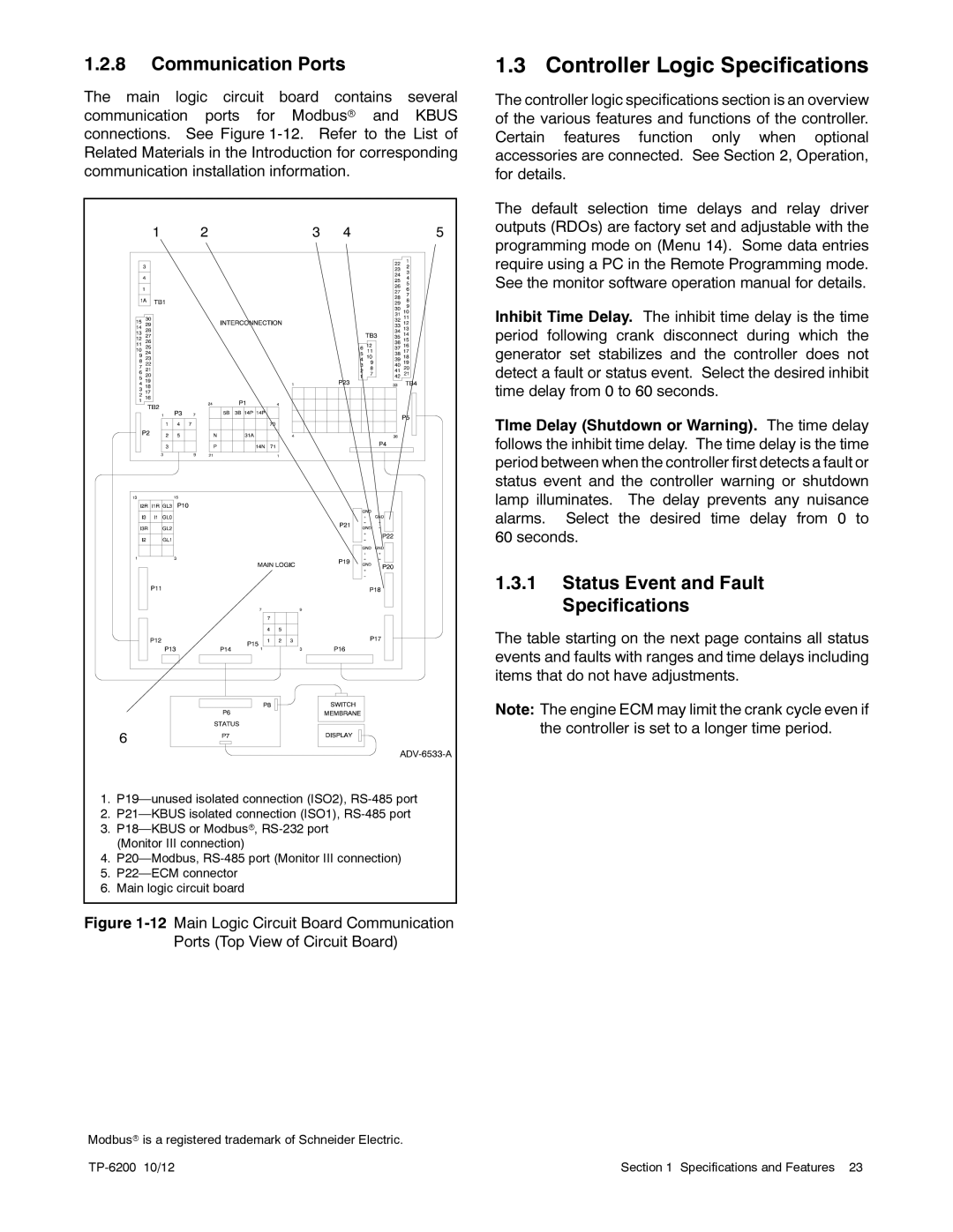 Kohler 20-3250 kW manual Controller Logic Specifications, Communication Ports, Status Event and Fault Specifications 