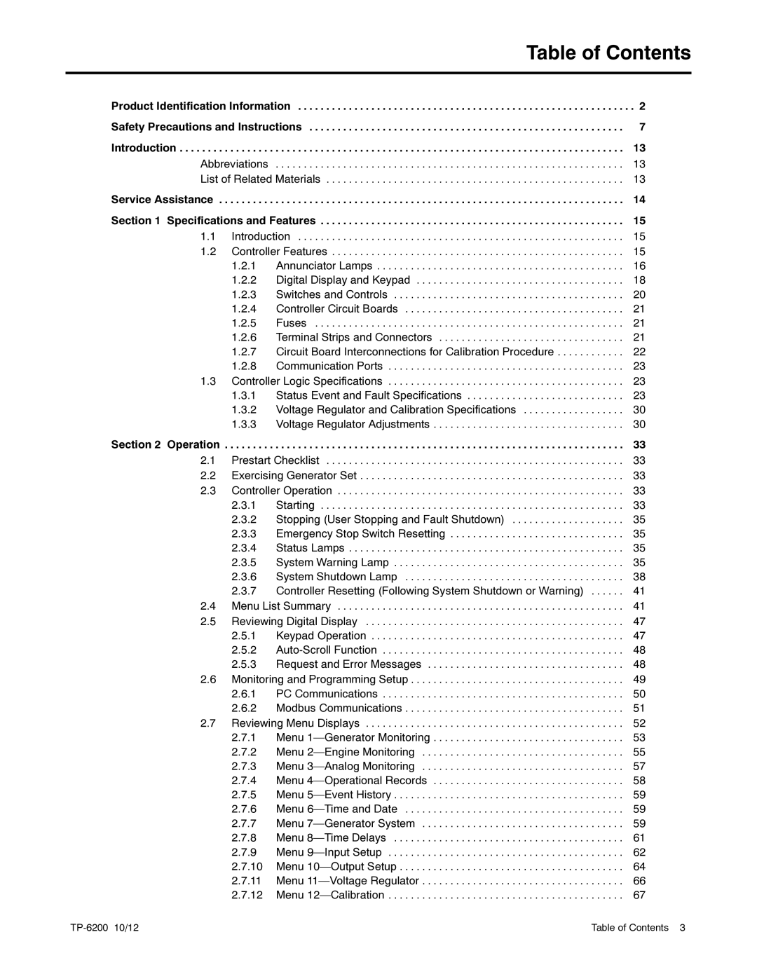 Kohler 20-3250 kW manual Table of Contents 