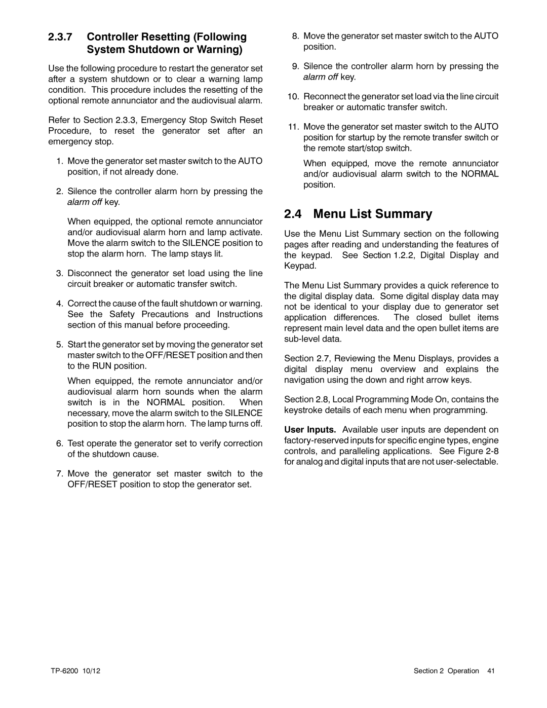 Kohler 20-3250 kW manual Menu List Summary, Controller Resetting Following System Shutdown or Warning 