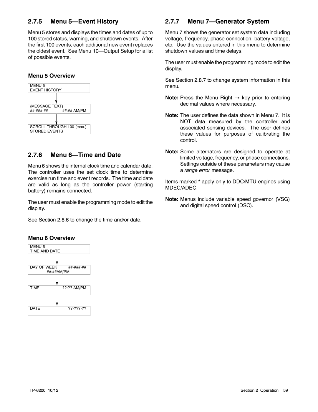 Kohler 20-3250 kW Menu 5-Event History, Menu 6-Time and Date, Menu 7-Generator System, Menu 5 Overview, Menu 6 Overview 