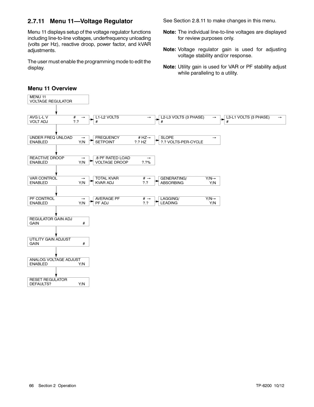 Kohler 20-3250 kW manual Menu 11-Voltage Regulator, Menu 11 Overview 