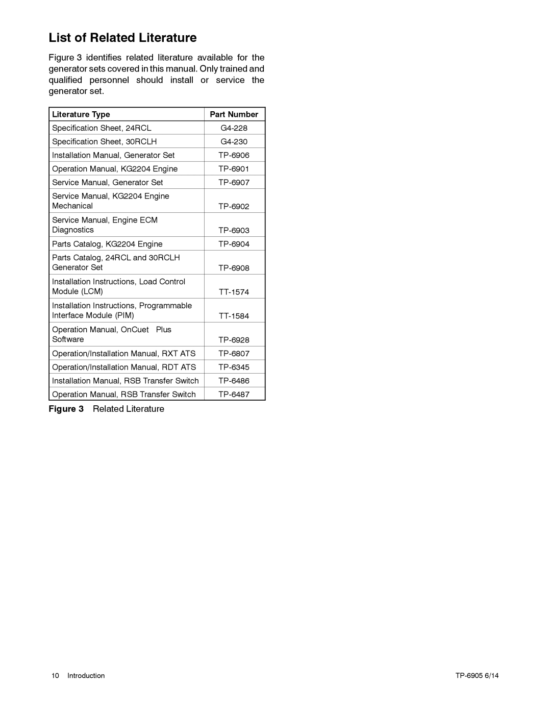 Kohler 24RCL manual List of Related Literature, Literature Type Part Number 