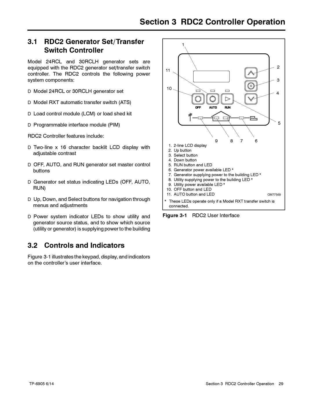 Kohler 24RCL manual RDC2 Controller Operation, Controls and Indicators 