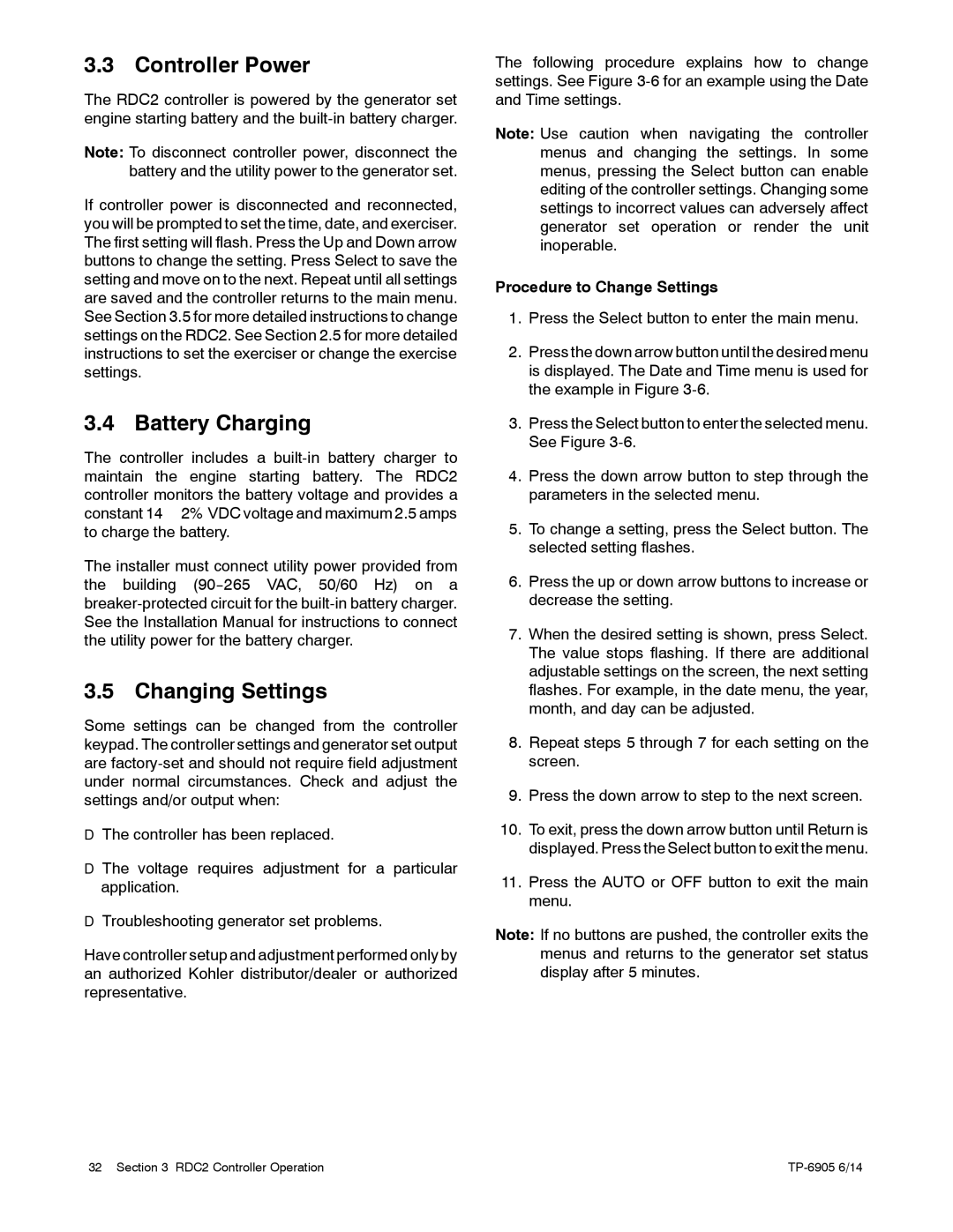 Kohler 24RCL manual Controller Power, Battery Charging, Changing Settings, Procedure to Change Settings 