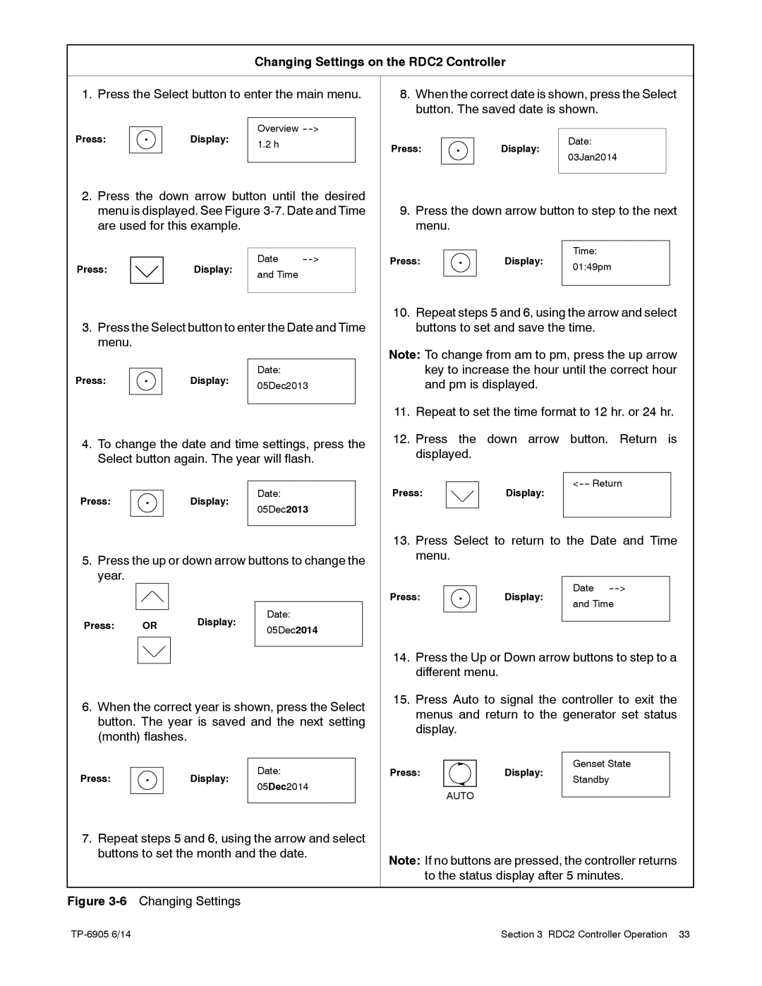 Kohler 24RCL manual Changing Settings on the RDC2 Controller, 6Changing Settings 