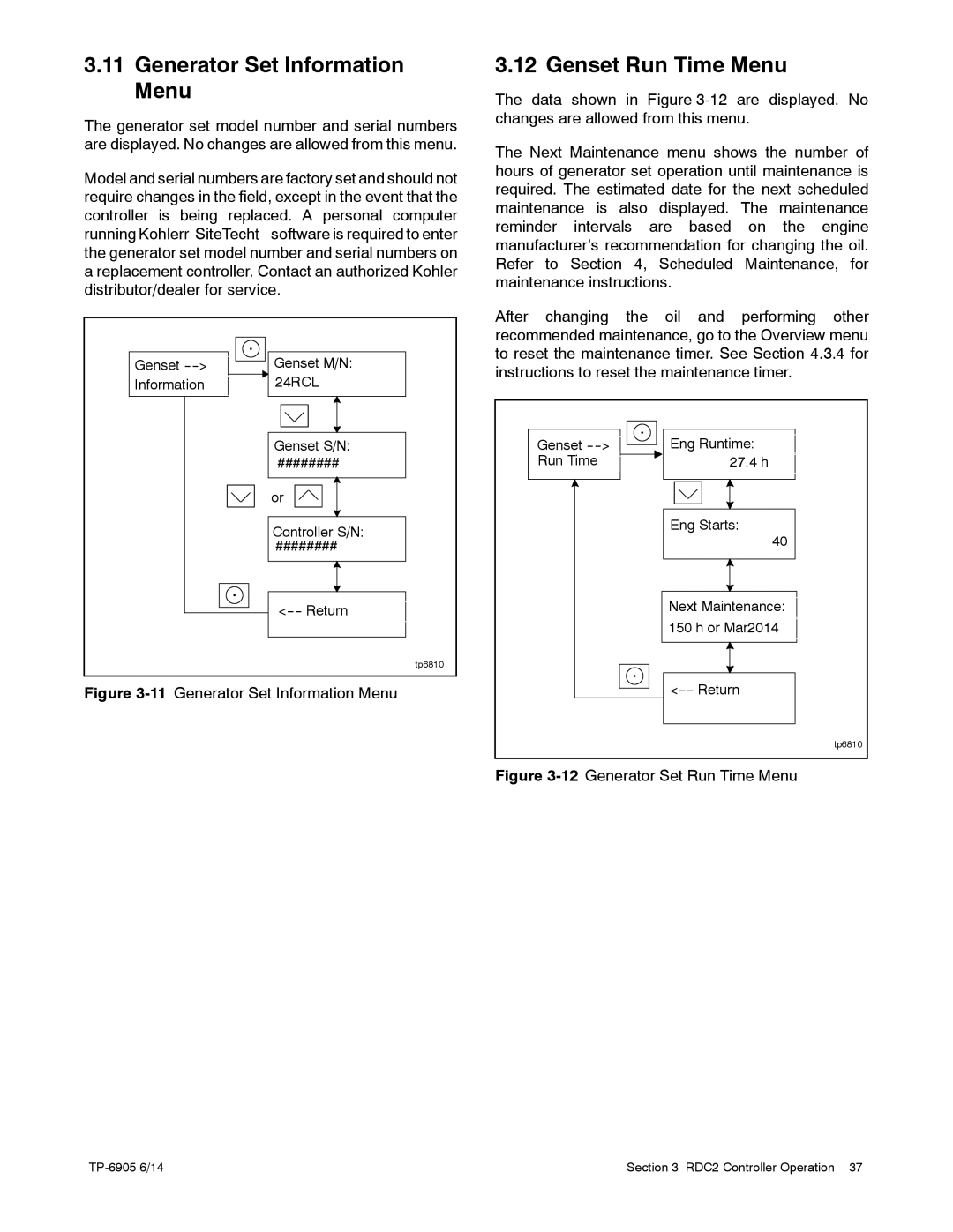 Kohler 24RCL manual Generator Set Information Menu, Genset Run Time Menu 
