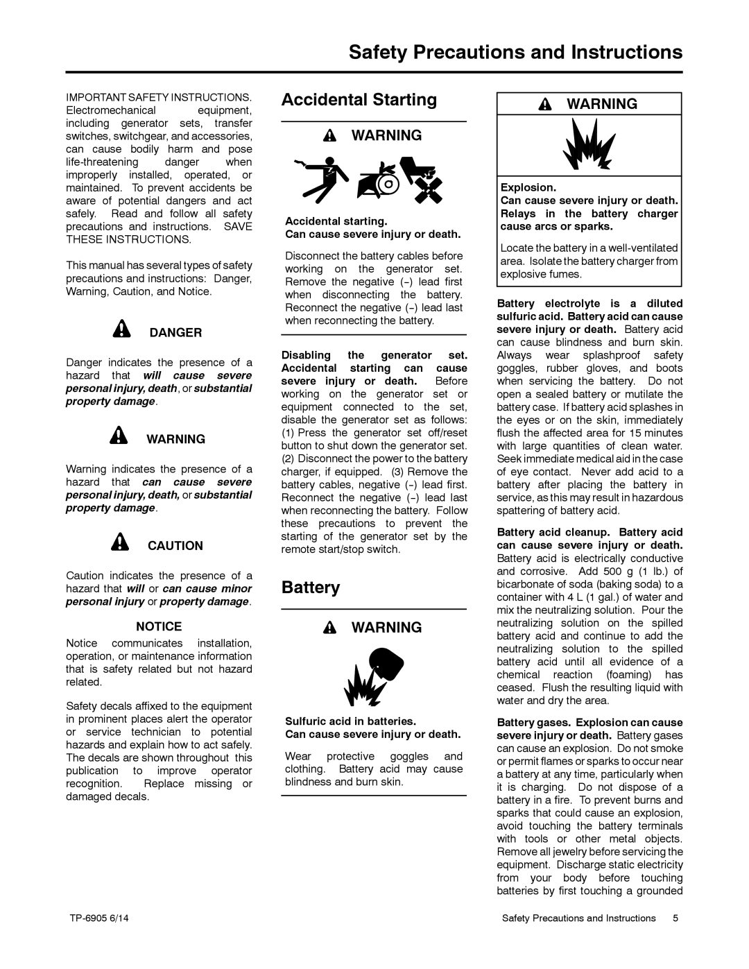 Kohler 24RCL manual Safety Precautions and Instructions, Accidental Starting, Battery 