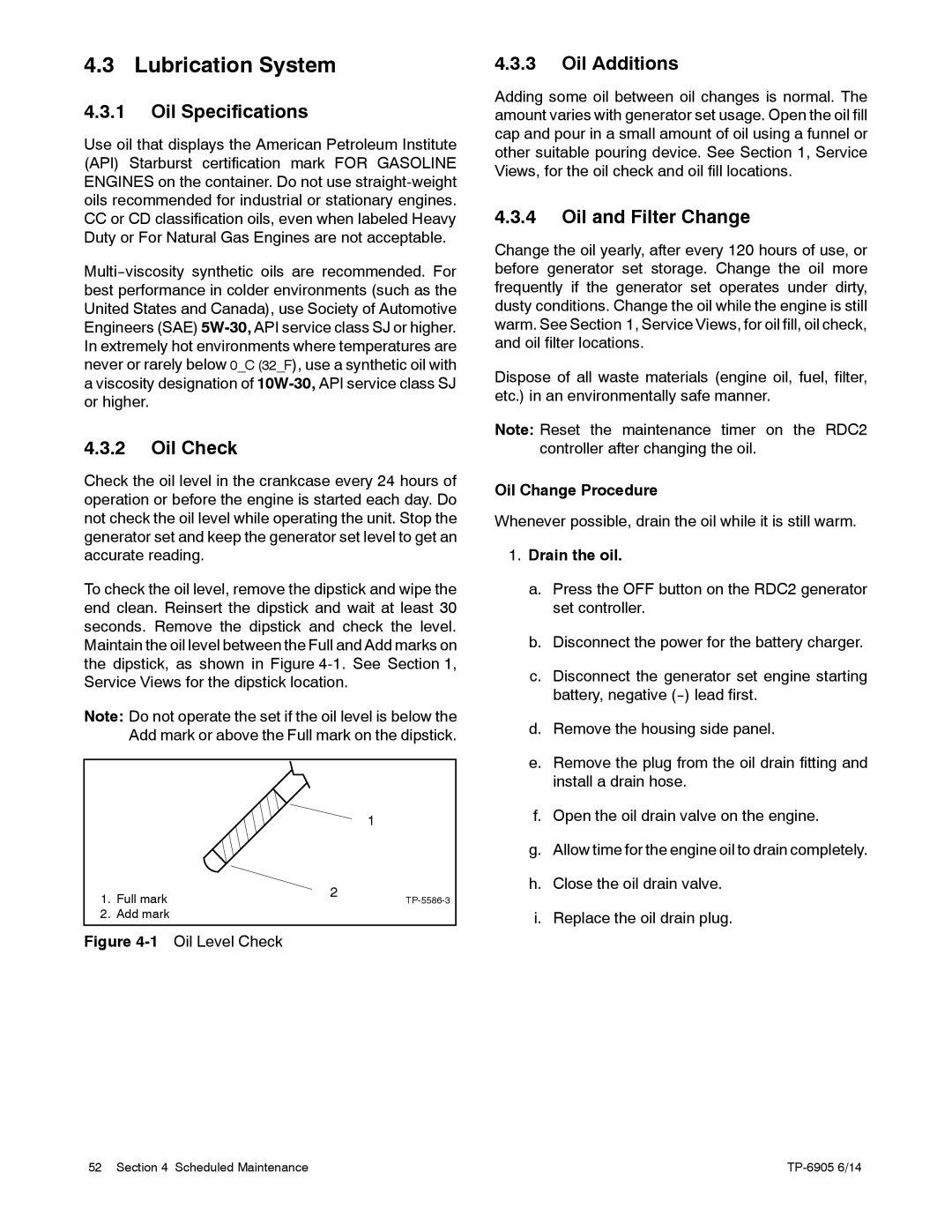 Kohler 24RCL manual Lubrication System, Oil Specifications, Oil Check, Oil Additions, Oil and Filter Change 