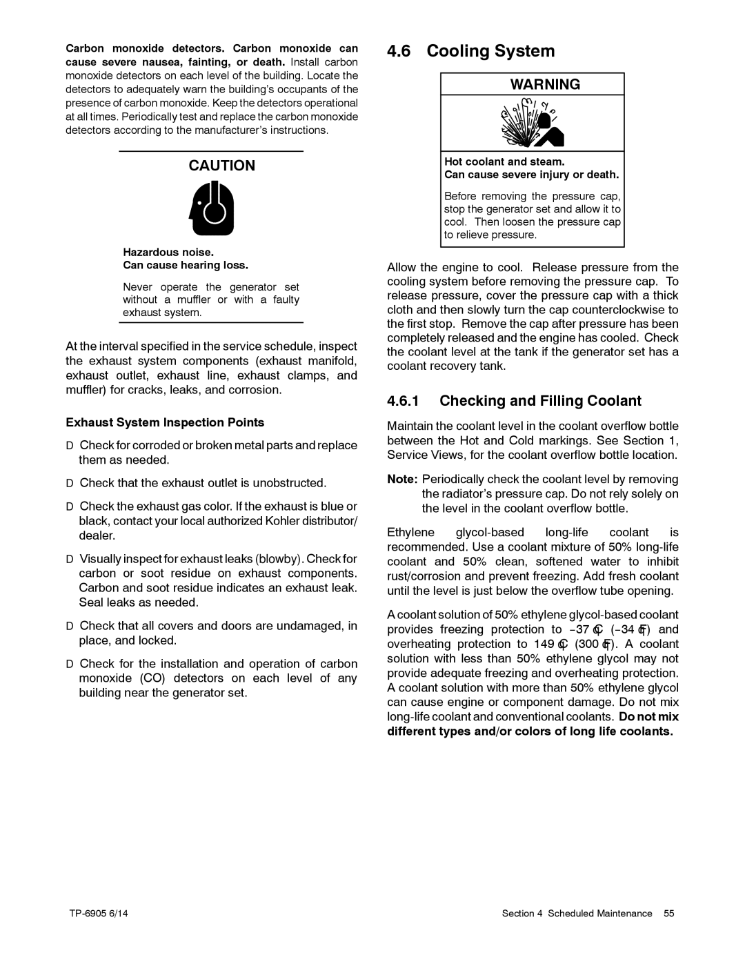 Kohler 24RCL manual Cooling System, Checking and Filling Coolant, Exhaust System Inspection Points 