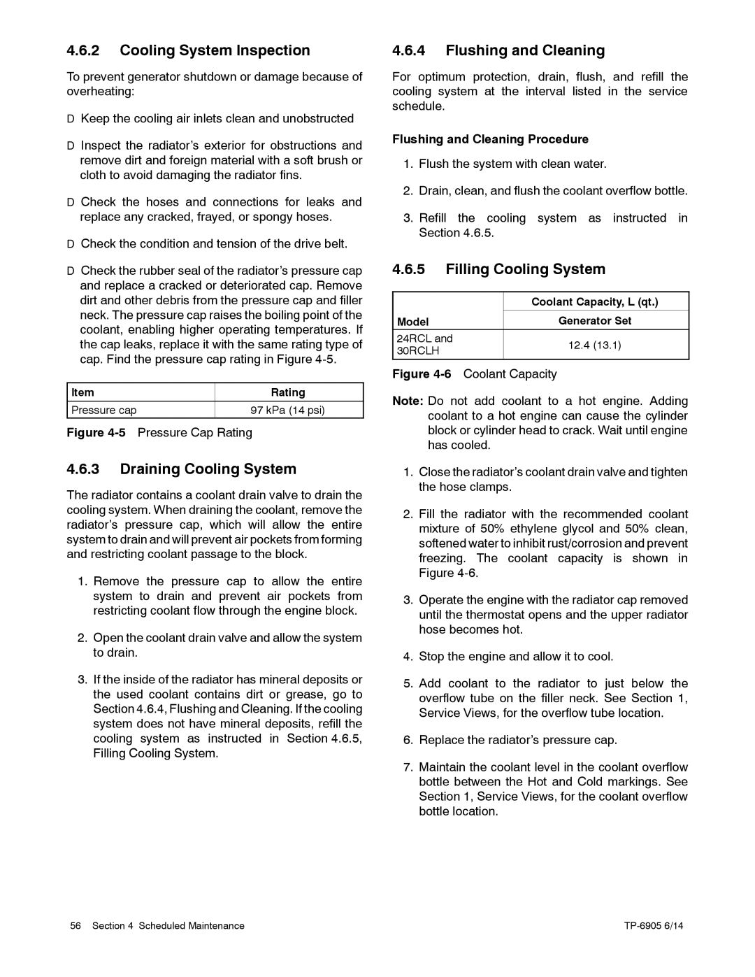 Kohler 24RCL manual Cooling System Inspection, Draining Cooling System, Flushing and Cleaning, Filling Cooling System 