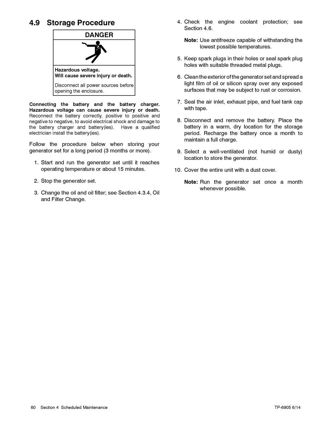 Kohler 24RCL manual Storage Procedure, Hazardous voltage Will cause severe injury or death 