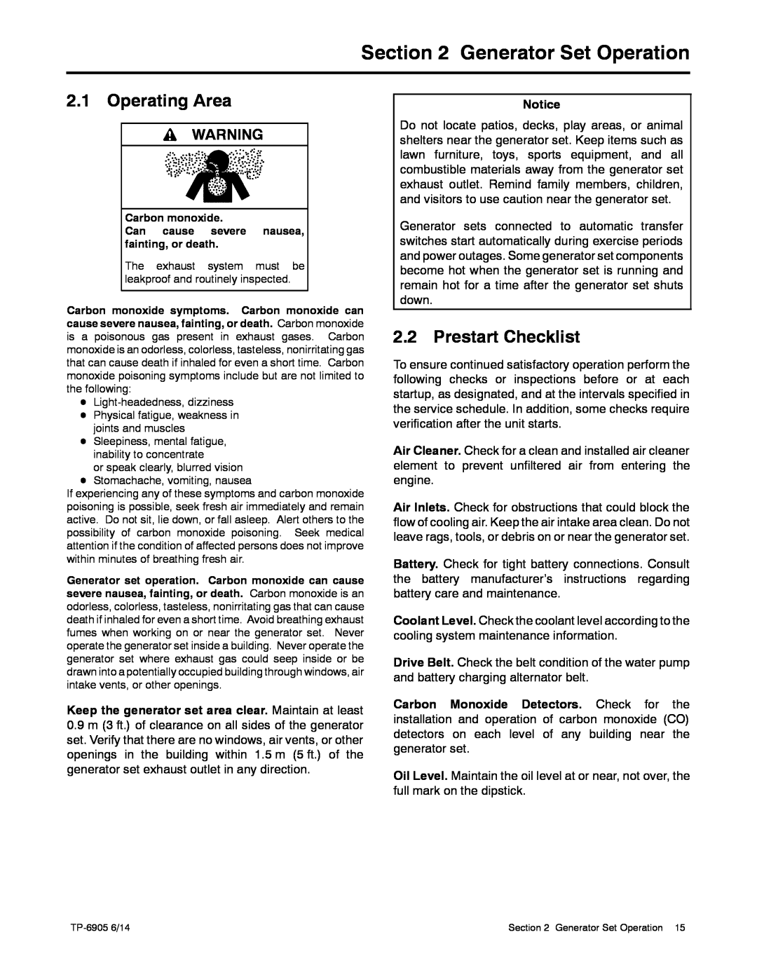 Kohler 24RCL manual Generator Set Operation, Operating Area, Prestart Checklist 