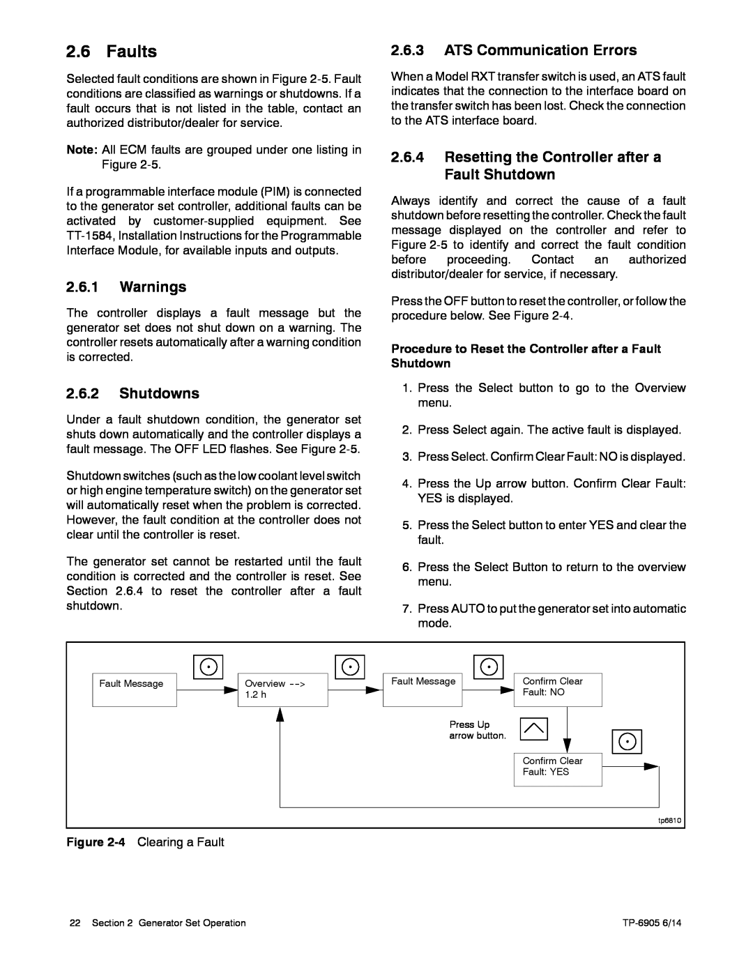 Kohler 24RCL manual Faults, 2.6.1Warnings, 2.6.2Shutdowns, 2.6.3ATS Communication Errors 