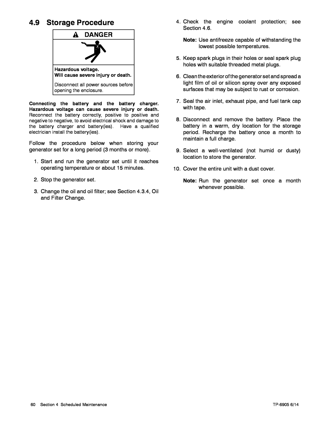 Kohler 24RCL manual 4.9Storage Procedure, Danger 